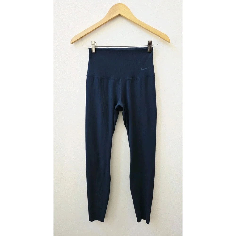 Nike Zenvy Leggings Ribbed Training High Rise 7/8 Length Women's Size Small Blue